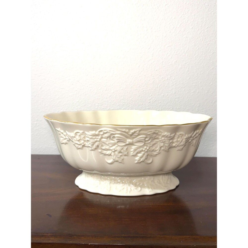 Vintage Lenox Holiday Hostess Oval Centerpiece Bowl Ivory Gold 1990s